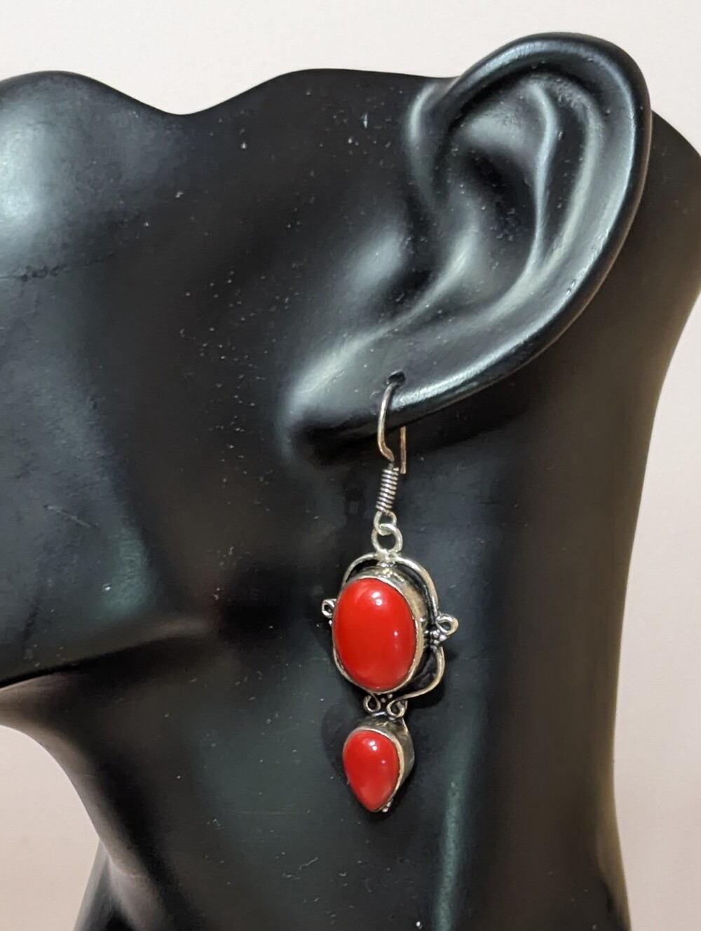 VTG 925 Sterling Silver Red Coral Earrings Western Bali Boho Dangle + FREE GIFT
